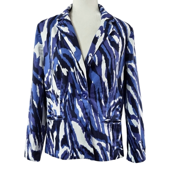Chico's White Blue Abstract Animal Geo Blazer One Button Business Casual - Picture 1 of 10